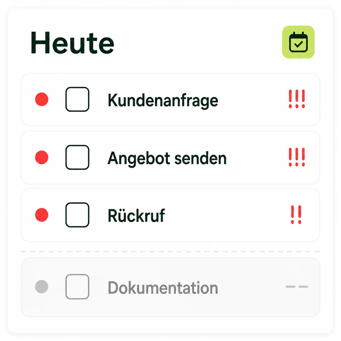 Aufgabenliste, in der die Dokumentation immer wieder an letzter Stelle steht