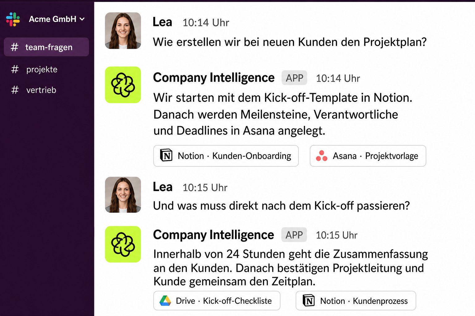 Slack-Kanal mit zwei Fragen an Company Intelligence und zwei belegten Antworten aus dem Firmenwissen